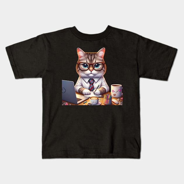 Cute Cat Boss Kids T-Shirt by Divineshopy